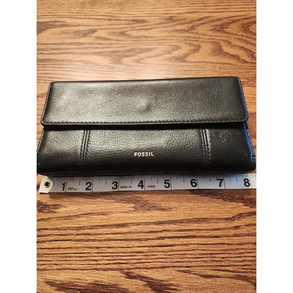 Fossil Jori Leather‎ RFID Flap Clutch Wallet Womens Black